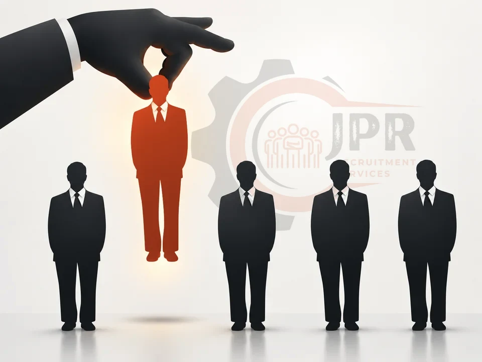 A hand selecting one standout candidate from a line of people