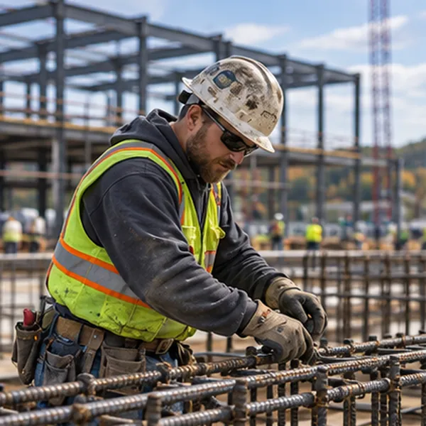 A construction worker tying rebar on a job site