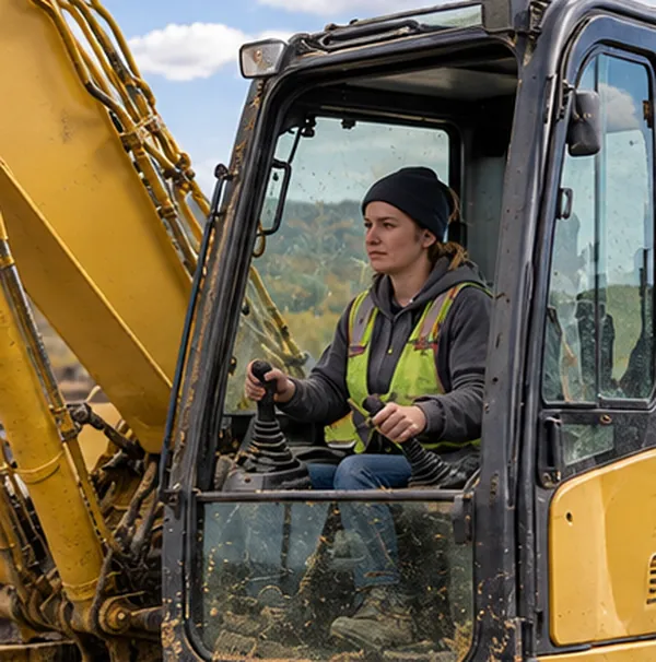 An operator at the controls of an excavator